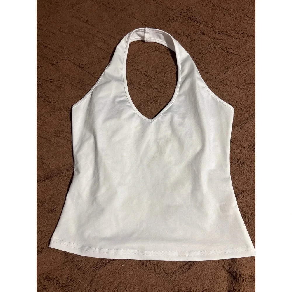 Shein White Halter Top V-Neck Sleeveless Open Back Solid Minimalist Summer Top M